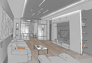 Заказать  онлайн индивидуальный Блиц-дизайн-проект интерьеров жилого пространства в г. Барселона  . Гостиная 30,2 м2. Вид 2