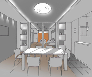 Заказать  онлайн индивидуальный Блиц-дизайн-проект интерьеров жилого пространства в г. Барселона  . Кухня-столовая 26,5 м2